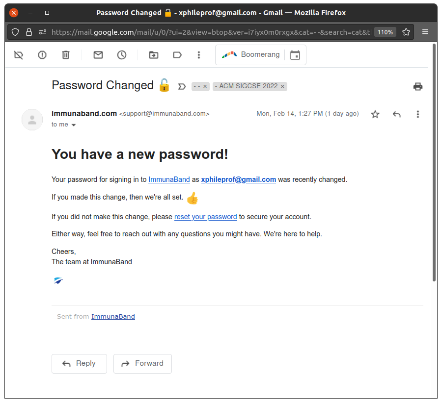 Immunaband Password Changed Email